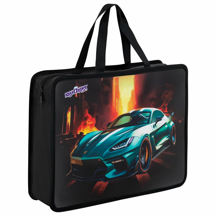 Папка на молнии с ручками ЮНЛАНДИЯ А4, 1 отделение, пластик, 80 мм, "Fire car", 272155 272155