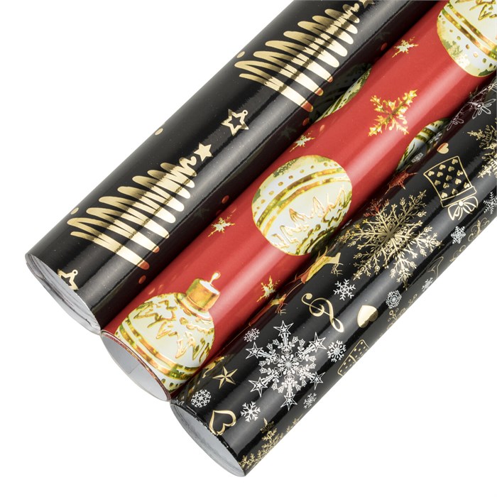 Бумага упаковочная новогодняя НАБОР 3 шт. "Black&Gold", С ЭФФЕКТАМИ, 70х100 см, ЗОЛОТАЯ СКАЗКА, 592190 592190 - фото 356559