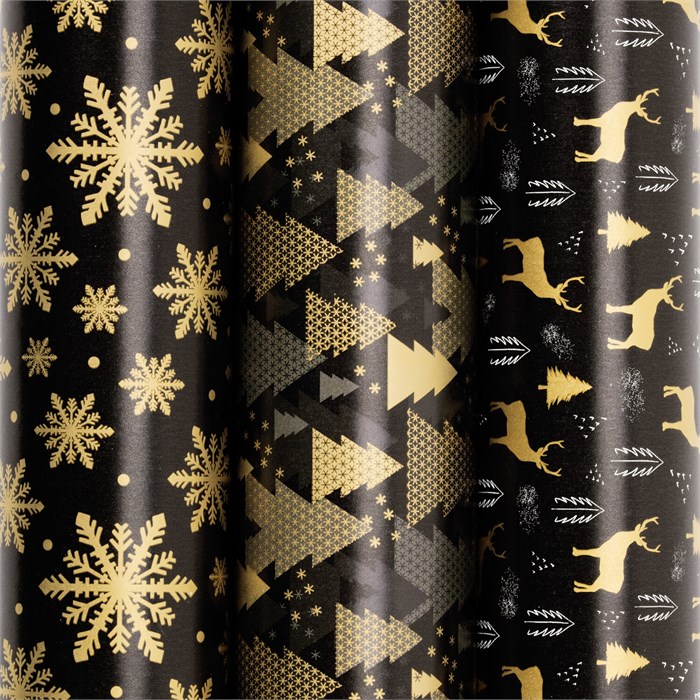Бумага упаковочная новогодняя НАБОР 3 шт., "Black&Gold", 70х100 см, 3 дизайна, ЗОЛОТАЯ СКАЗКА, 592059 592059 - фото 356911