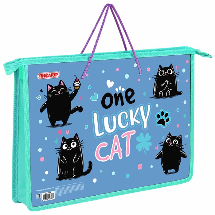 Папка на молнии с ручками ПИФАГОР А4, 1 отделение, пластик, ручки-шнурок, "Funny cats", 273353 273353