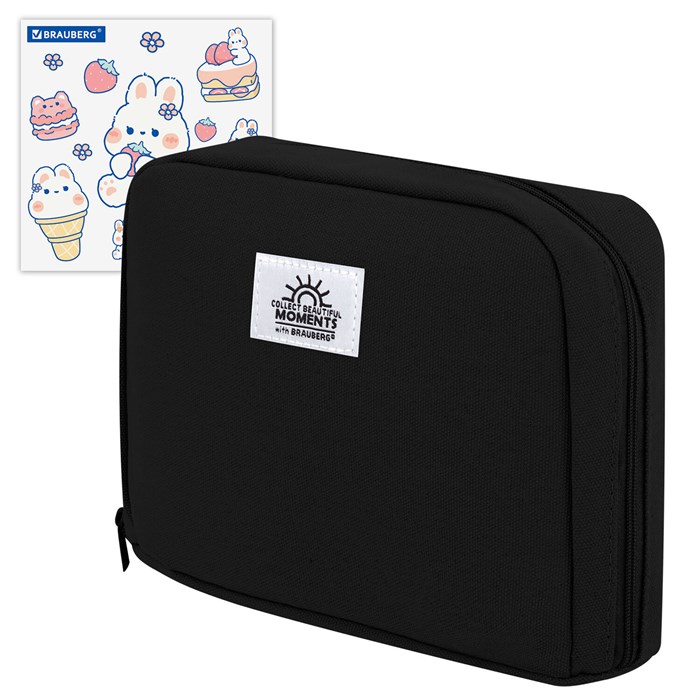 Пенал-органайзер BRAUBERG, 1 отделение, С НАКЛЕЙКАМИ, молния вокруг, канвас, 22x15х6 см, черный, 273596 273596