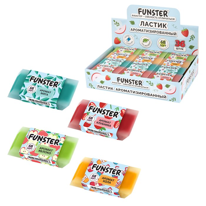 Ластик ароматизированный FUNSTER (ФАНСТЕР) "SWEET", 54х23х10 мм, скошенный, картонный держатель, экологичный ПВХ, ассорти, 272727 272727 - фото 371023