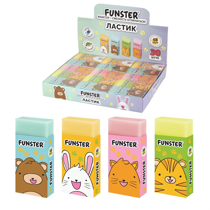 Ластик FUNSTER (ФАНСТЕР) "ANIMALS", 50х24х10 мм, прямоугольный, картонный держатель, экологичный ПВХ, ассорти, 272730 272730 - фото 371054