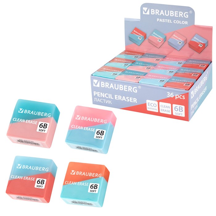 Ластик BRAUBERG "PASTEL COLOR DUO", 34х34х14 мм, квадратный, экологичный ПВХ, ассорти, 272733 272733 - фото 371083