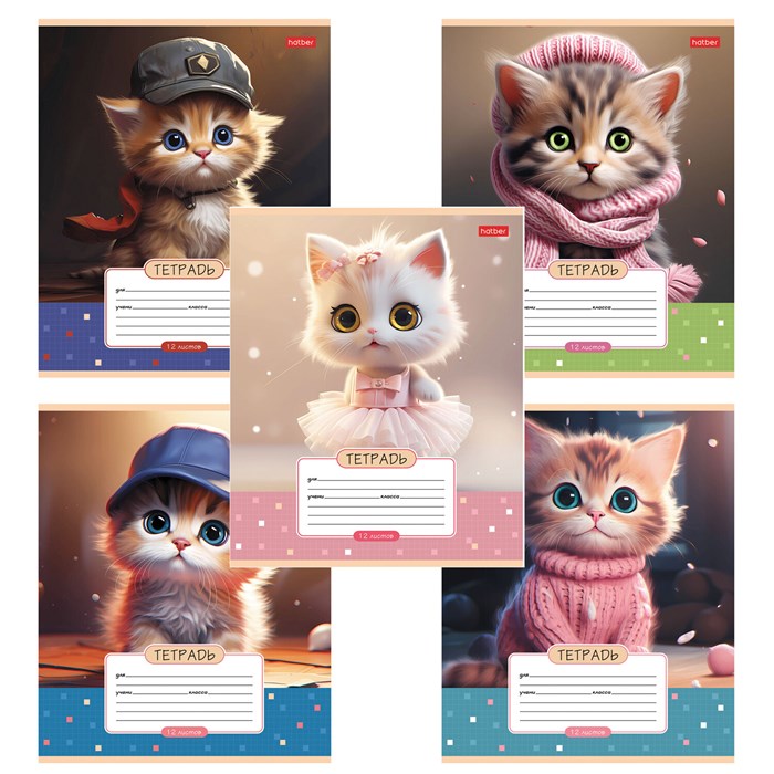 Тетрадь 12 л., HATBER клетка, обложка картон, "Мы - котики!" (микс в спайке), 086195, 12Т5В1 107425