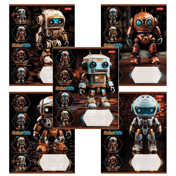 Тетрадь 18 л., HATBER клетка, обложка картон, "Робо" (микс в спайке), 084624, 18Т5В1 107437