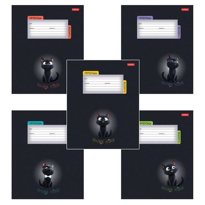 Тетрадь 18 л., HATBER клетка, обложка картон, "Котенок уголек" (микс в спайке), 091435, 18Т5В1 107477