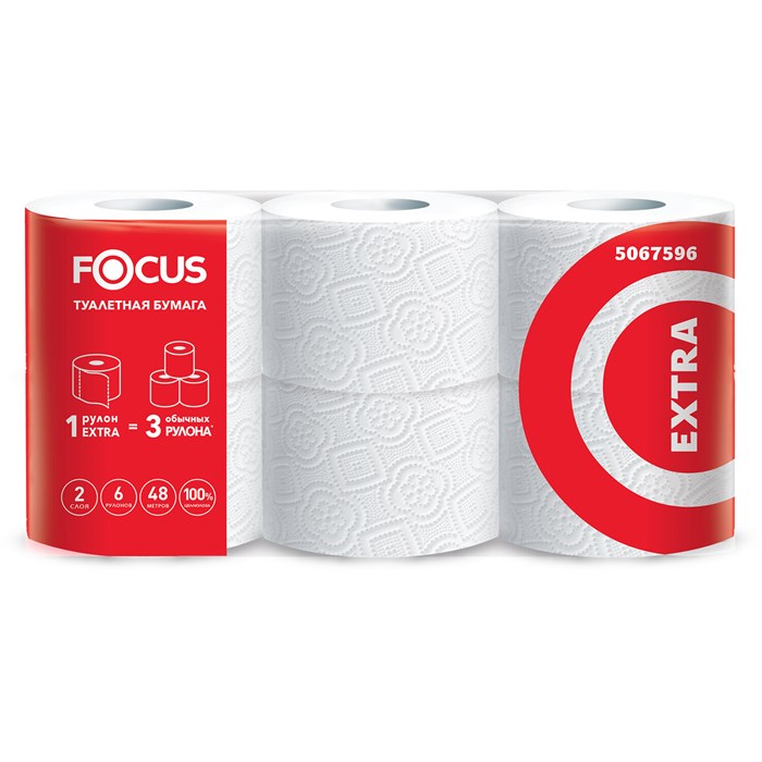 Бумага туалетная, спайка 6 шт., 2-слойная (6х48 м) Focus Extra, белая, 5067596 112142