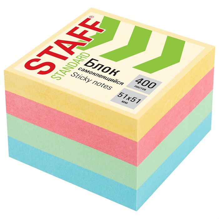 Блок самоклеящийся (стикеры) STAFF STANDARD, ПАСТЕЛЬНЫЙ 51х51 мм, 4 цвета, 400 листов, 116585 116585