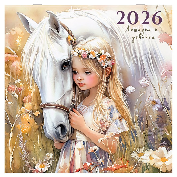 Календарь настенный перекидной 2026 г., BRAUBERG, 12 листов, 28,5х28,5 см, "Лошадка и девочка", 116937 116937