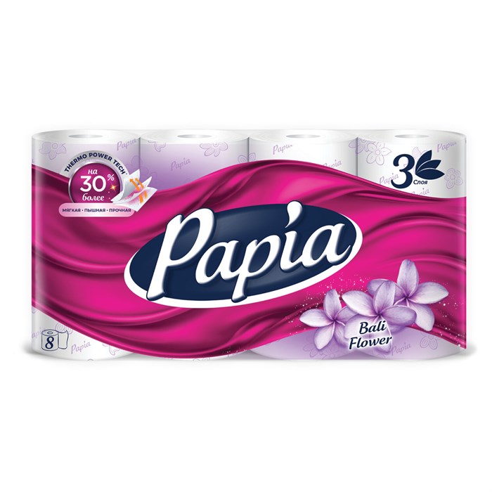 Бумага туалетная быт., спайка 8 шт., 3-слойная (8х16,5 м), PAPIA, аромат "Балийский цветок", 5080738 118561