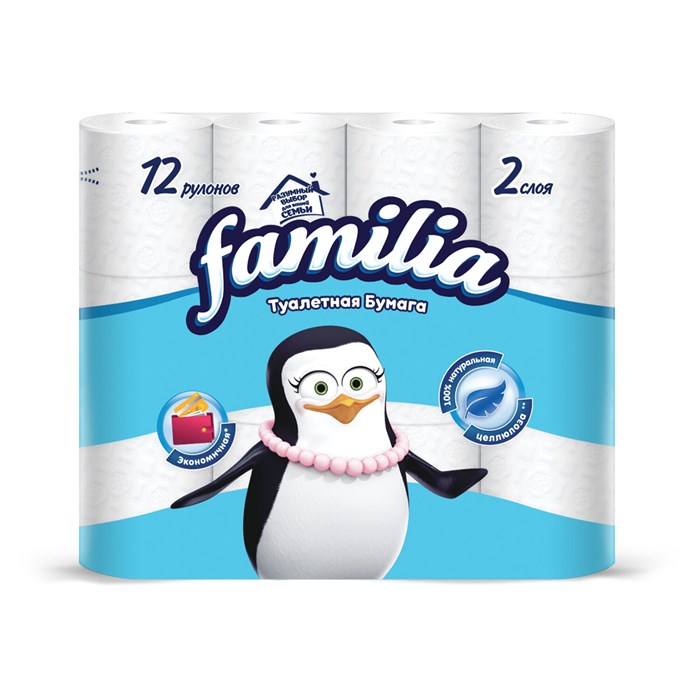 Бумага туалетная бытовая, спайка 12 шт., 2-слойная (12х15 м), FAMILIA CLASSIC, белая, 5070655 118562