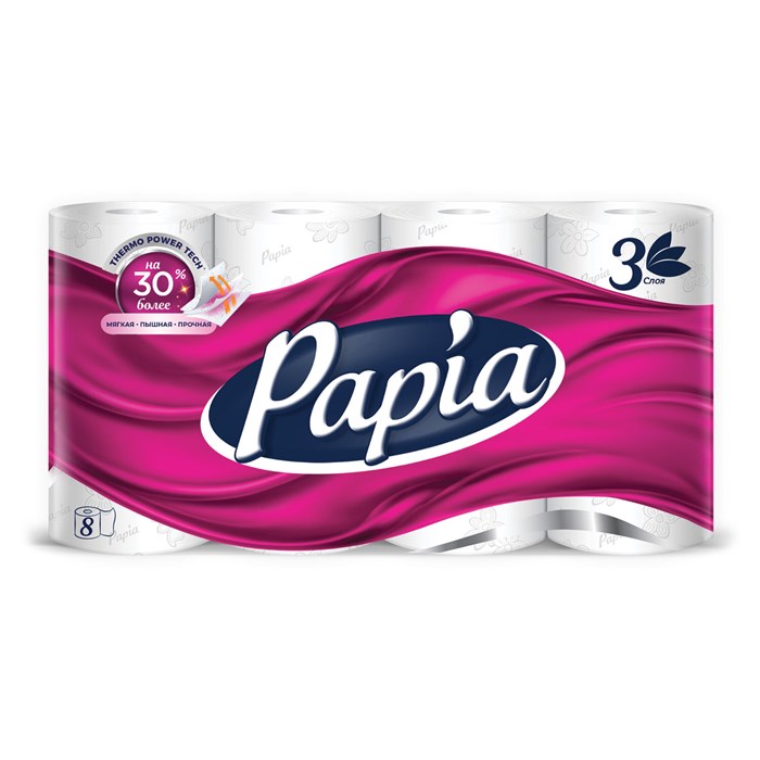 Бумага туалетная бытовая, спайка 8 шт., 3-слойная (8х16,5 м), PAPIA, 5080721 118563