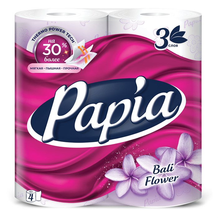 Бумага туалетная бытовая, спайка 4 шт., 3-слойная (4х16,5 м), PAPIA, аромат "Балийский цветок", 5080735 118564
