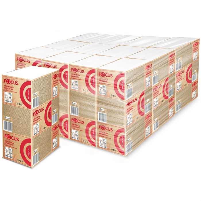 Полотенца бумажные 200 шт., FOCUS (Система H2) Premium, 2-слойные белые, КОМПЛЕКТ 12 пачек, 24х20 см, Z-сложение, 5083775 118579