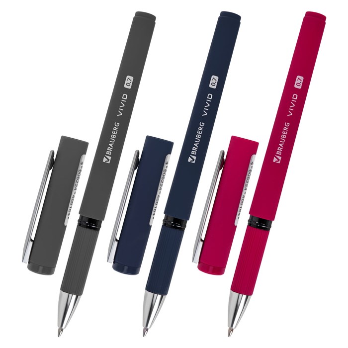 Ручка шариковая с грипом BRAUBERG "VIVID", СИНЯЯ, SOFT TOUCH покрытие, узел 0,7 мм, линия письма 0,35 мм, 144396 144396