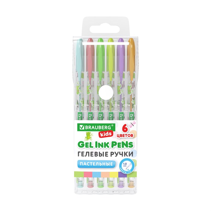 Ручки гелевые ПАСТЕЛЬНЫЕ BRAUBERG KIDS "CUTE ANIMALS", НАБОР 6 ЦВЕТОВ, корпус с печатью, узел 1 мм, линия письма 0,7 мм, 144439 144439
