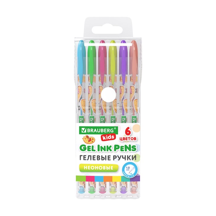 Ручки гелевые НЕОНОВЫЕ BRAUBERG KIDS "CUTE ANIMALS", НАБОР 6 ЦВЕТОВ, корпус с печатью, узел 1 мм, линия письма 0,7 мм, 144442 144442
