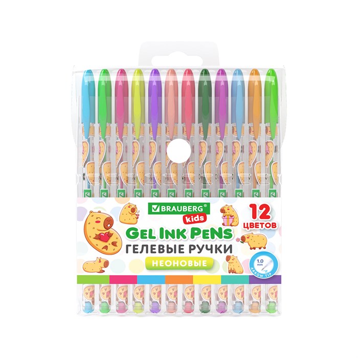 Ручки гелевые НЕОНОВЫЕ BRAUBERG KIDS "CUTE ANIMALS", НАБОР 12 ЦВЕТОВ, корпус с печатью, узел 1 мм, линия письма 0,7 мм, 144444 144444