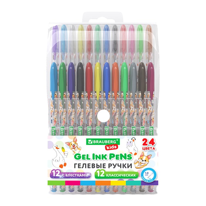 Ручки гелевые BRAUBERG KIDS "CUTE ANIMALS", НАБОР 24 ЦВЕТА, корпус с печатью, узел 1 мм, линия письма 0,7 мм, 144447 144447
