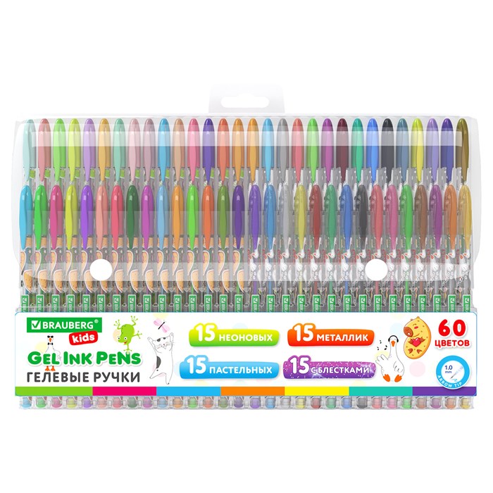 Ручки гелевые BRAUBERG KIDS "CUTE ANIMALS", НАБОР 60 ЦВЕТОВ, корпус с печатью, узел 1 мм, линия письма 0,7 мм, 144450 144450