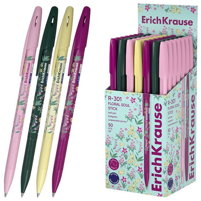 Ручка шариковая ERICH KRAUSE "R-301 Stick Floral" СИНЯЯ, синяя, корпус ассорти, линия 0,35 мм, 63077 144573