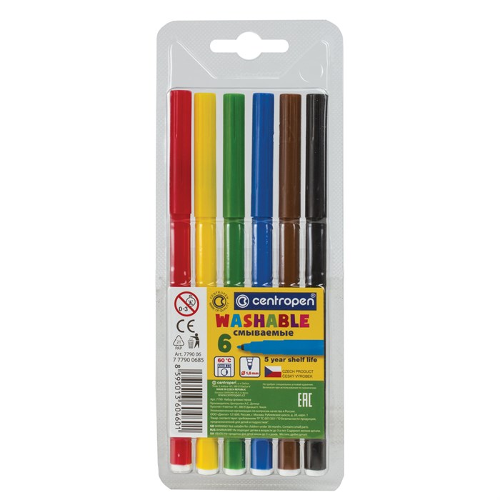 Фломастеры 6 ЦВЕТОВ CENTROPEN "Washable", смываемые, вентилируемый колпачок, 7790/6TP, 777900685 151160