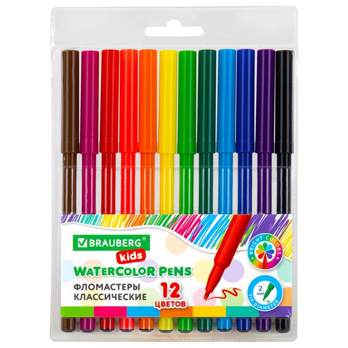 Фломастеры BRAUBERG KIDS КЛАССИЧЕСКИЕ 12 цветов, вентилируемый колпачок, ПВХ-упаковка, 152601 152601