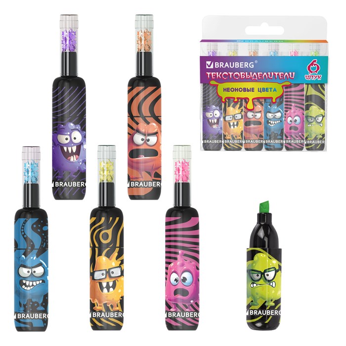 Набор текстовыделителей 6 НЕОНОВЫХ ЦВЕТОВ, кросс-серия МОНСТРИКИ, линия 1-5 мм, BRAUBERG, 152621 152621