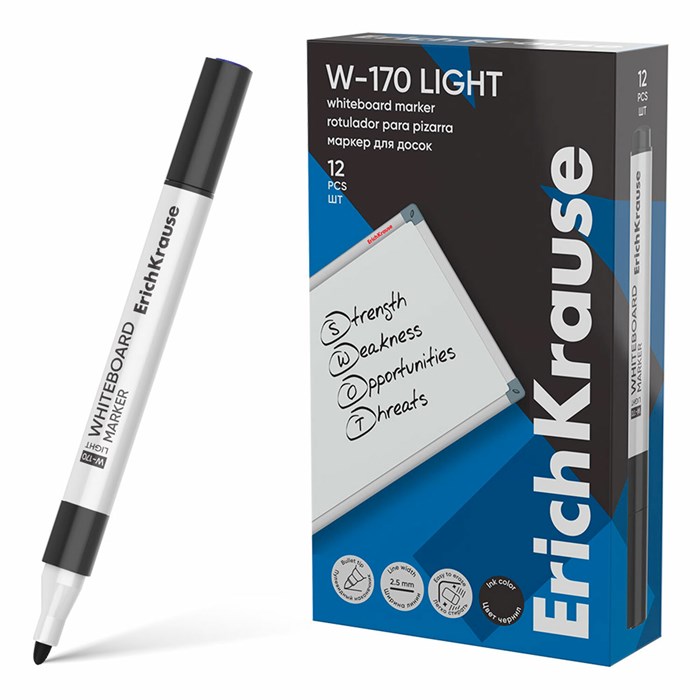 Маркер стираемый для белой доски, ЧЕРНЫЙ, ERICH KRAUSE "W-170 Light", круглый наконечник, 2,5 мм, 63567 152641