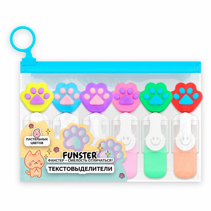 Набор текстовыделителей с топперами 6 ЦВЕТОВ ПАСТЕЛЬ, "ЛАПКИ", линия 1-4 мм, FUNSTER (ФАНСТЕР), 152650 152650