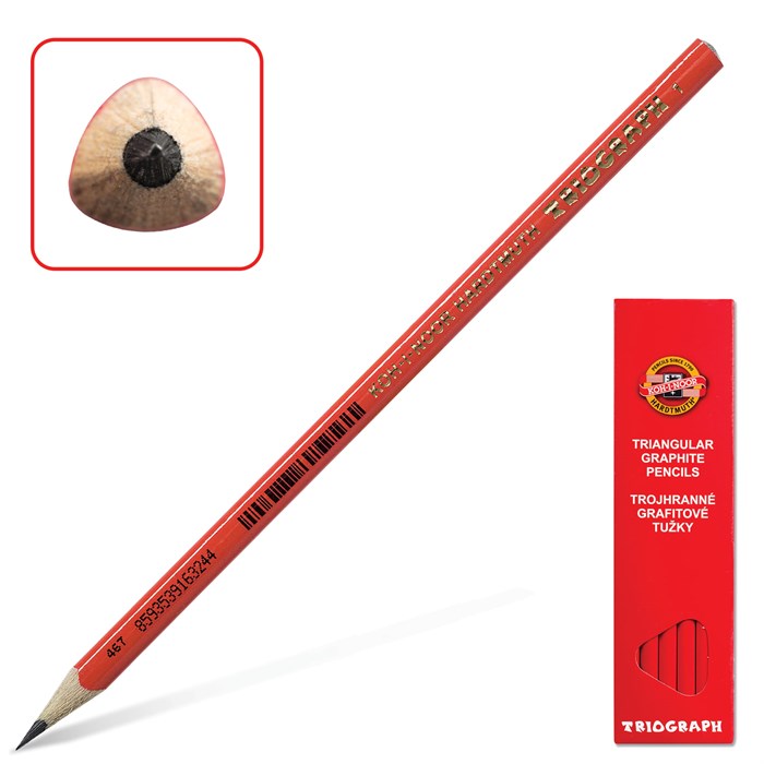 Карандаш чернографитный KOH-I-NOOR, 1 шт., "Triograph", B, трехгранный, без резинки, корпус красный, заточенный, 1802001001KSRU 180813