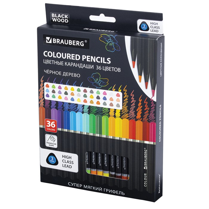 Карандаши цветные чёрное дерево BRAUBERG BLACK WOOD, 36 цветов, мягкий грифель 3 мм, 182042 182042