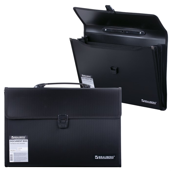 Папка-портфель пластиковая BRAUBERG А4+ (390х260х40 мм), 3 отделения, фактура линейная, черная, 221389 221389