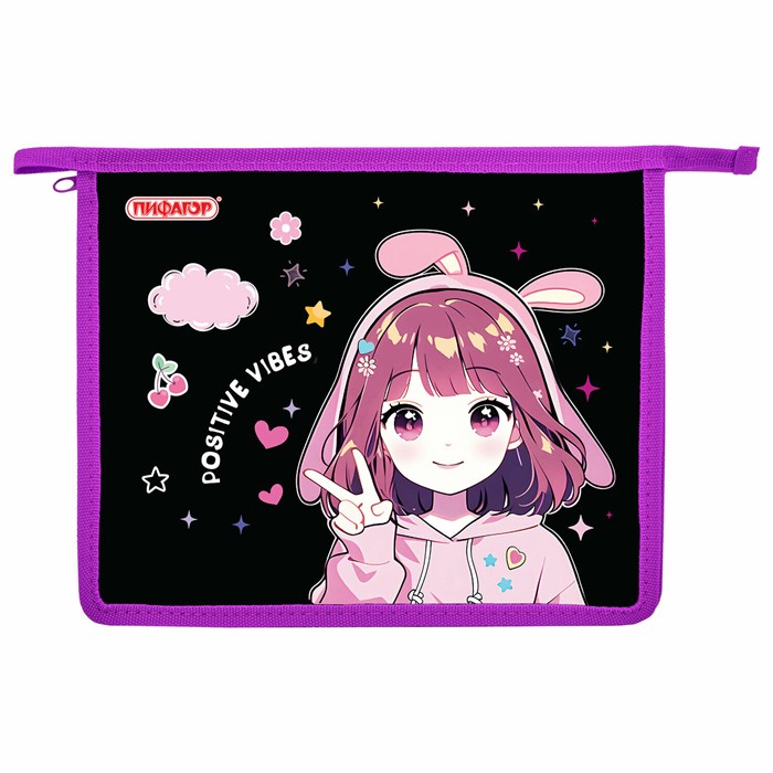 Папка для тетрадей ПИФАГОР А5, 1 отделение, пластик, на молнии, "Anime sign", 273328 273328
