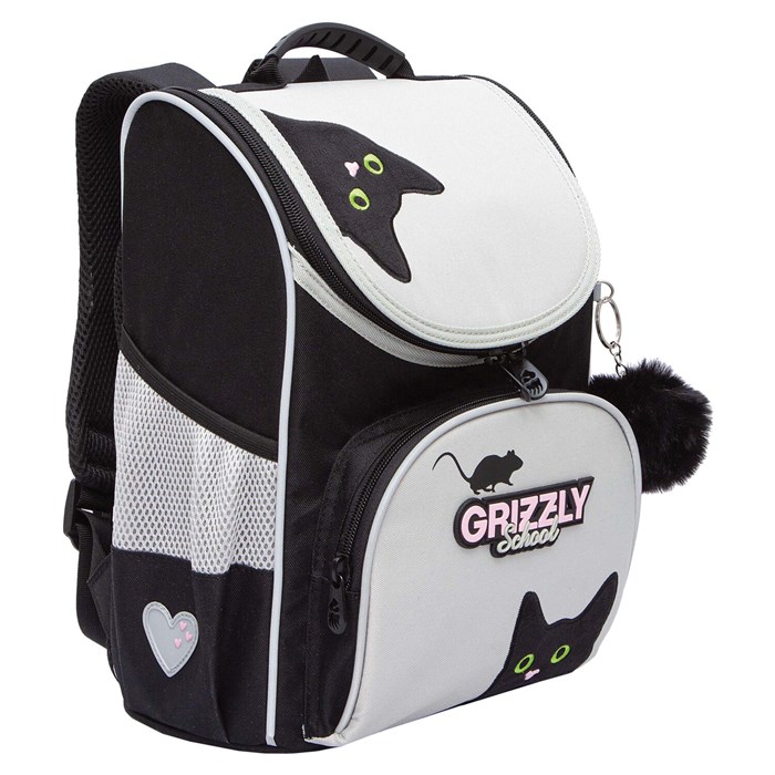 Ранец GRIZZLY анатомическая спинка, с мешком для обуви, для девочек, "BLACKY", серый, 33х25х13 см, RAm-584-1/2 274133
