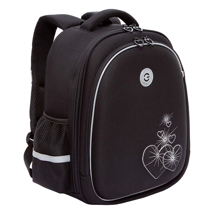 Ранец GRIZZLY анатомическая спинка, c брелоком, для девочек, "HEARTS", чёрный 36х28х20 см, RAz-586-5/1 274149