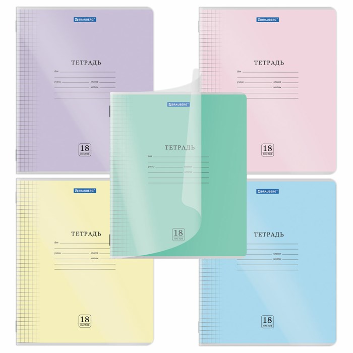 Тетрадь обложка пластик (прозрачный) 18 л., клетка, BRAUBERG "Smart Cover", АССОРТИ (в спайке), 405030 405030