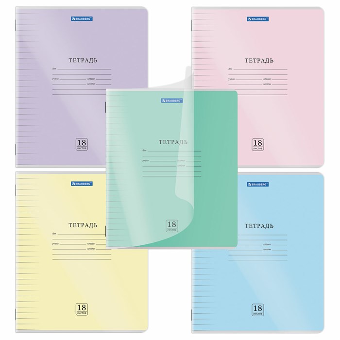 Тетрадь обложка пластик (прозрачный) 18л. линия, BRAUBERG Smart Cover, АССОРТИ (в спайке), 405031 405031