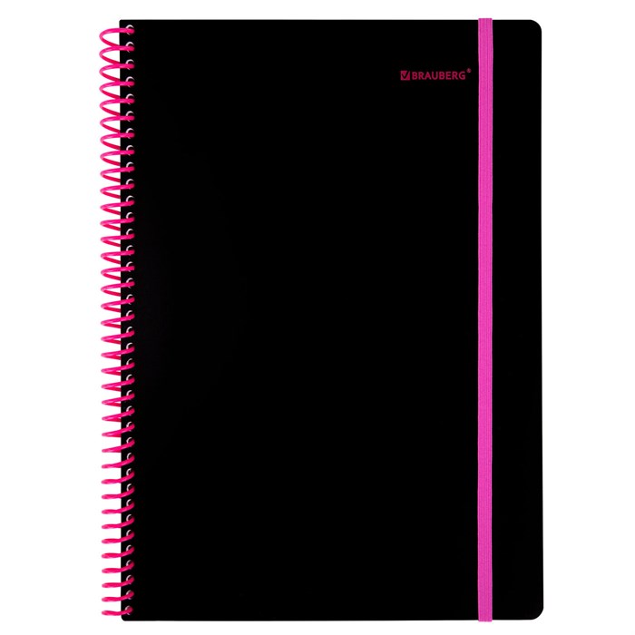 Тетрадь обложка пластик, А4 80 л., спираль пластик, резинка, клетка, BRAUBERG, черный/розовый, 405380 405380
