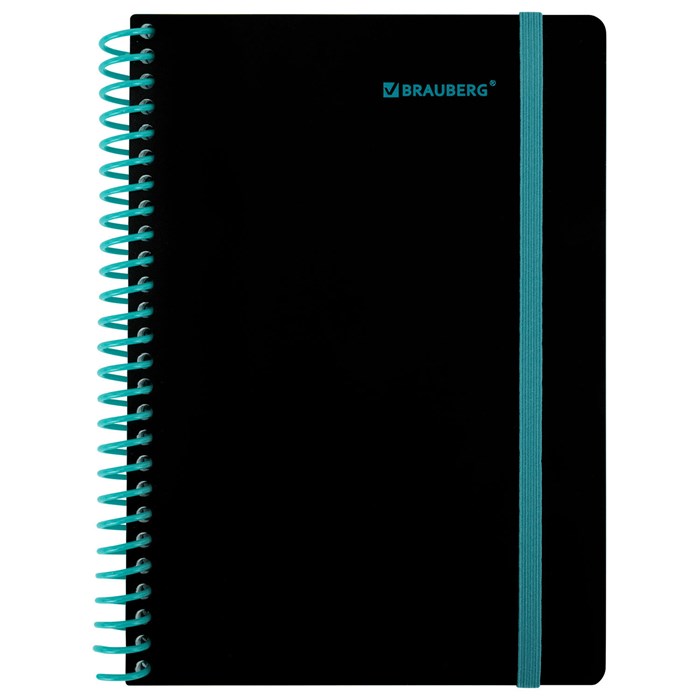 Тетрадь обложка пластик, А5 80 л., спираль пластик, резинка, клетка, BRAUBERG, черный/синий, 405385 405385