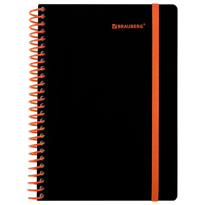 Тетрадь обложка пластик, А5 80 л., спираль пластик, резинка, клетка, BRAUBERG, черный/оранжевый, 405386 405386