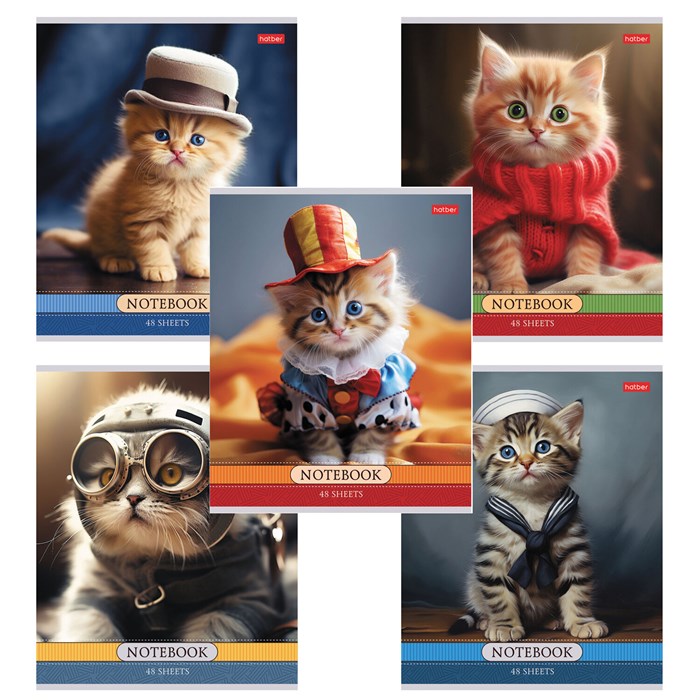 Тетрадь А5 48 л., HATBER скоба, клетка, обложка картон, "Котики-артисты" (микс в спайке), 085664, 48Т5В1 405459