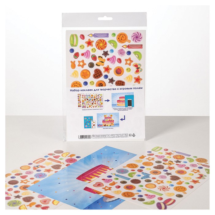 Наклейки бумажные с игровым полем НАБОР 2 листа, 184 наклейки, "Сладкое настроение", HATBER, 2Н5н 666386