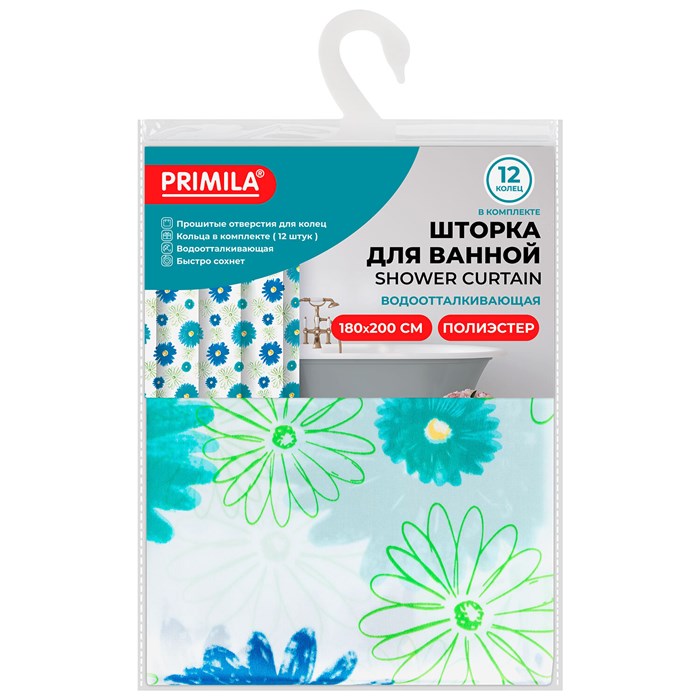 Шторка для ванной ПОЛИЭСТЕР, 180х200 см, кольца в комплекте, ЦВЕТЫ, PRIMILA (ПРИМИЛА), 700082 700082
