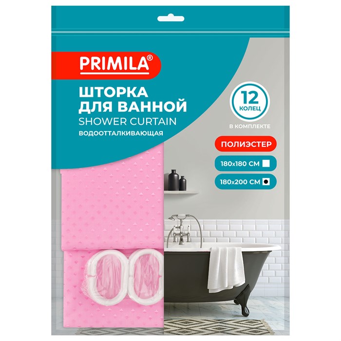 Шторка для ванной ПОЛИЭСТЕР, 180х200 см, кольца в комплекте, РОЗОВЫЙ БРИЛЛИАНТ, PRIMILA (ПРИМИЛА), 700098 700098