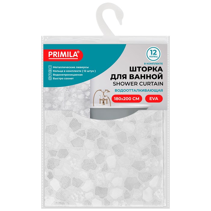 Шторка для ванной EVA, 180х200 см, кольца в комплекте, БЕЛАЯ ЛЕДЯНАЯ СВЕЖЕСТЬ, PRIMILA (ПРИМИЛА), 700099 700099
