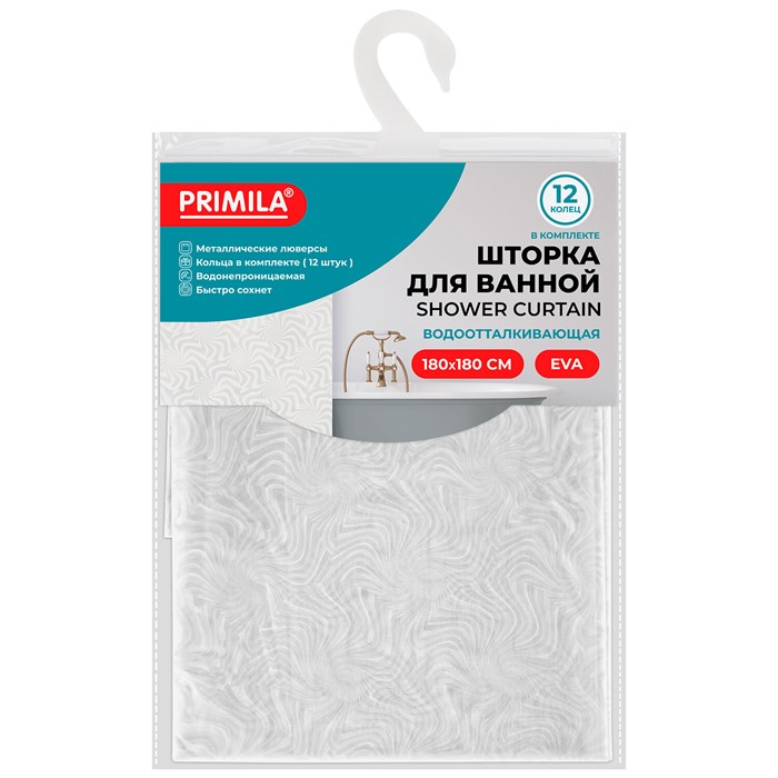 Шторка для ванной EVA, 180х180 см, кольца в комплекте, БЕЛАЯ ГОЛОГРАФИЯ, PRIMILA (ПРИМИЛА), 700102 700102