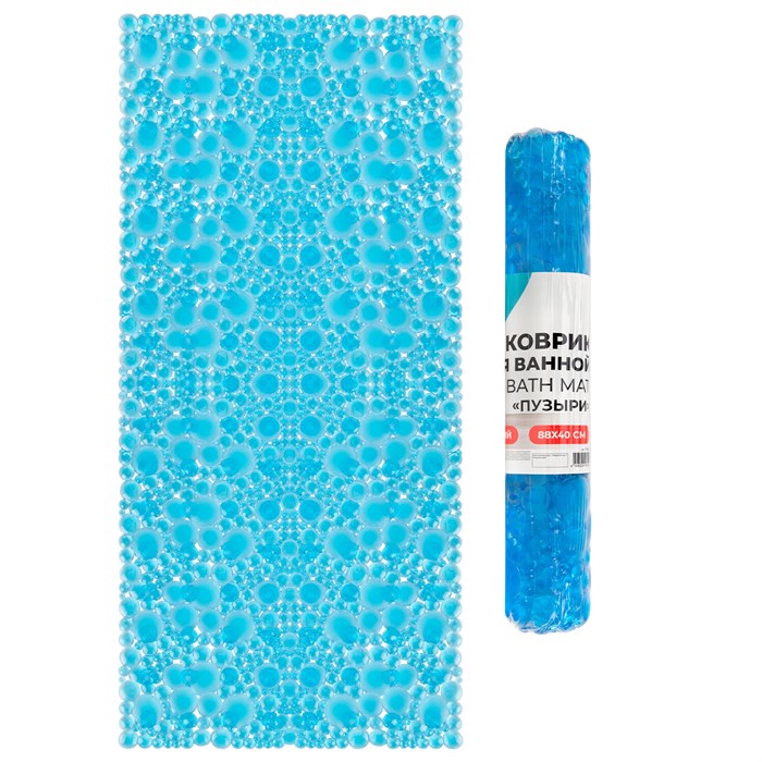 Коврик для ванны противоскользящий 88х40 см, "Пузыри", прозрачно-голубой, ПВХ, присоски, PRIMILA (ПРИМИЛА), 700365 700365