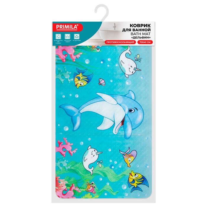 Коврик для ванны противоскользящий 70х40 см с печатью "Дельфин", ПВХ, присоски, PRIMILA (ПРИМИЛА), 700370 700370